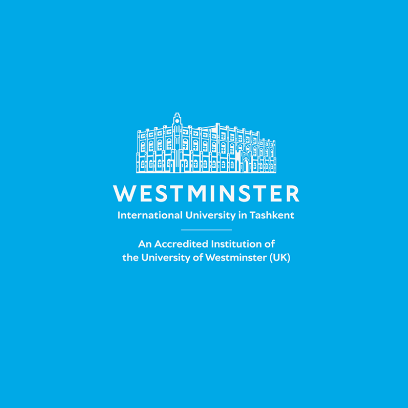 Westminster University in Tashkent, Uzbekistan logo on blue background